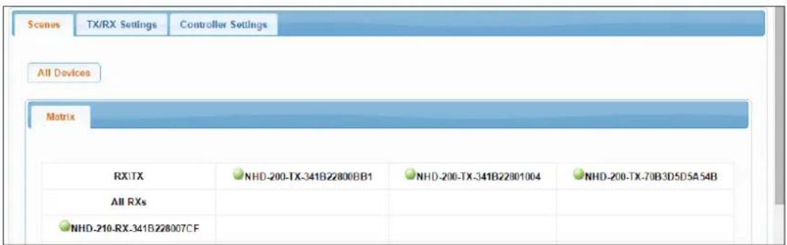 Scenes TX/RX Settings Controller Settings All Devices Matrix RXITX NHD-200-TX-341B22800BB1 NHD-200-TX-341B22801004 NHD-200-TX-70B3D5D5A54B All RXs NHD-210-RX-341B228007CF