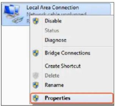 Local Area Connection Network cable unplanned Disable Status Diagnose Bridge Connections Create Shortcut Delete Rename Properties