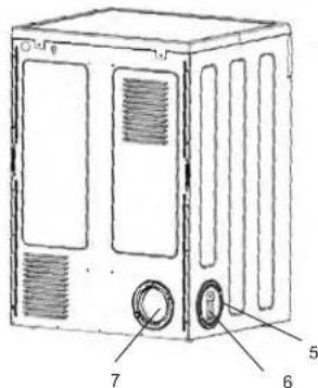 Technical diagram of a front-mounted air conditioner unit with labeled parts 5, 6, and 7