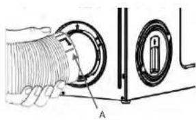 Technical diagram showing a hand holding a coiled cable with labeled component A, alongside a close-up of a mechanical component.
