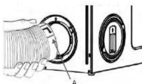 Technical diagram showing a hand holding a coiled pipe with labeled component A, alongside a circular component with a handle and side view.