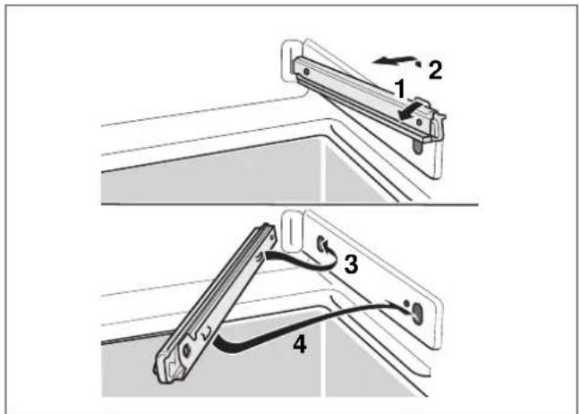 Technical diagram showing four labeled mechanical components or brackets, with arrows indicating motion or assembly.