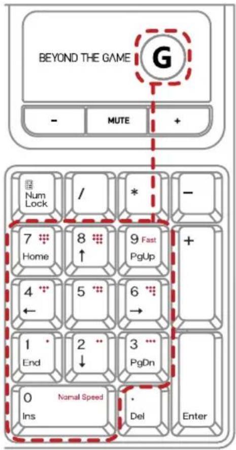 BEYOND THE GAME G - MUTE + Num Lock / * - 7 Home 8 ↑ 9 Fast PgUp + 4 ← 5 6 → 1 End 2 ↓ 3 PgDn 0 Ins Namal Speed Del Enter