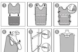 Six-step garment sewing process showing steps from collar to collar with numbered instructions and diagrams
