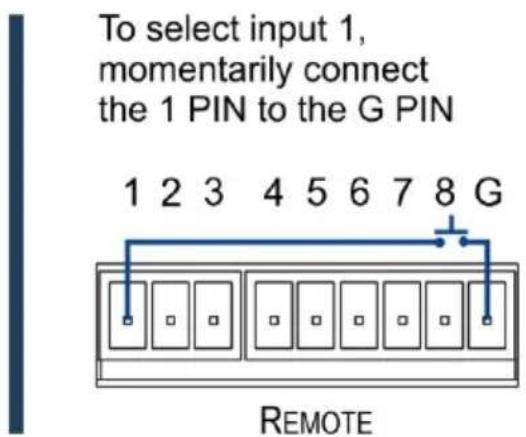To select input 1, momentarily connect the 1 PIN to the G PIN 1 2 3 4 5 6 7 8 G REMOTE