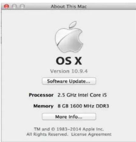 About This Mac OS X Version 10.9.4 Software Update... Processor 2.5 GHz Intel Core i5 Memory 8 GB 1600 MHz DDR3 More Info... TM and © 1983-2014 Apple Inc. All Rights Reserved. License Agreement