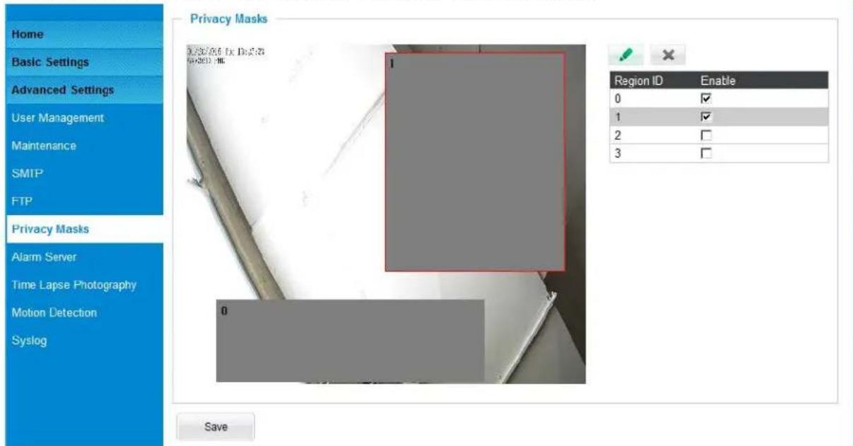Home Basic Settings Advanced Settings User Management Maintenance SMTP FTP Privacy Masks Alarm Server Time Lapse Photography Motion Detection Syslog Privacy Masks 0/36766 D: D:\5.33 1 Region ID Enable 0 ✓ 1 ✓ 2 ✓ 3 ✓ Save