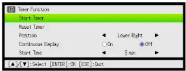 Timer Function Start Timer Reset Timer Position Lower Right Continuous Display ○ On ● Off Start Time 5 min [▲]/[▼]:Select [ENTER]:OK [ESC]:Quit