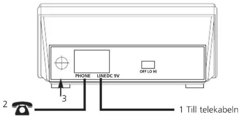 PHONE LINEDC 9V OFF LO HI 3 2 1 Till telekabeln