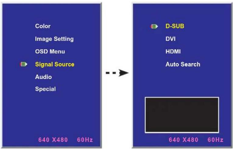 Color Image Setting OSD Menu Signal Source Audio Special 640 X480 60Hz D-SUB DVI HDMI Auto Search 640 X480 60Hz