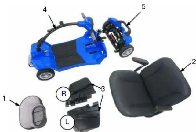 Exploded view diagram of a blue electric scooter with labeled parts including battery, seat, and rear seats