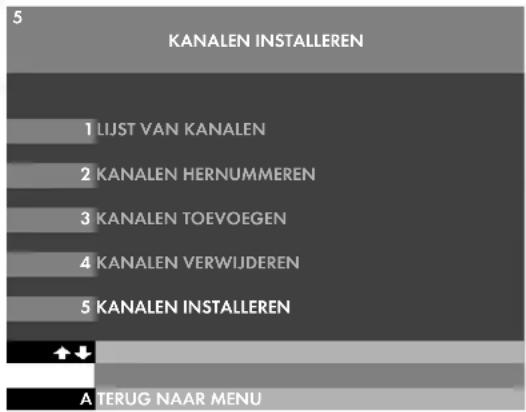 5 KANALEN INSTALLEREN 1 LIJST VAN KANALEN 2 KANALEN HERNUMMEREN 3 KANALEN TOEVOEGEN 4 KANALEN VERWIJDEREN 5 KANALEN INSTALLEREN A TERUG NAAR MENU
