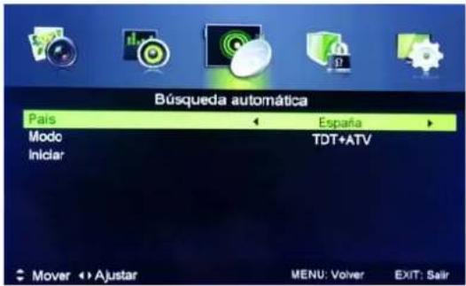 Búsqueda automática Pais España Modo TDT+ATV Iniciar Mover Àjustar MENU: Volver EXIT: Salir