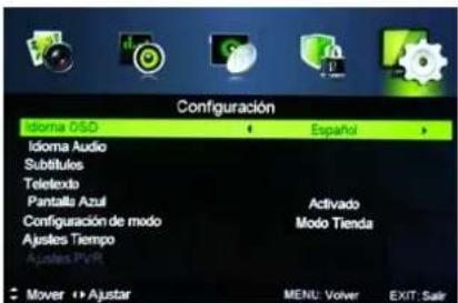 Configuración Idoma OSD Español Idoma Audio Subtítulos Telelexio Pantalla Azul Configuración de modo Ajustes Tiempo Ajustes PVC Activado Modo Tienda Mover ↔ Ajustar MENU: Volver EXIT: Salir