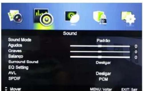 Sound Sound Mode Agudos Graves Balanco Surround Sound EQ Setting AVL SPDIF Mover Padrão 0 0 0 Desligar Desligar PCM MENU: Voltar EXIT: Sar