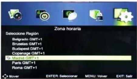 Zona horaria Seleccione Region Belgrado GMT+1 Bruselas GMT+1 Budapest GMT+1 Copenhagen GMT+1 Madrid GMT+1 Paris GMT+1 Roma GMT+1 Mover ENTER: Seleecionar MENU: Volver EXIT: Salir