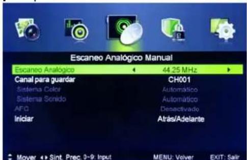 Escaneo Analogico Manual Escaneo Analogico 44.25 MHz Canal para guardar CH001 Sistema Color Automático Sistema Senido Automático AFC Desectivado Iniciar Atras/Adelante Mover Sint. Prec. 0-9: Input MENU: Veiver EXIT: Salir