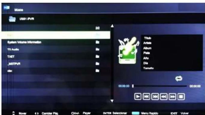 Mens USB1.pVR 22 System Volume Information TR Audio TDET _JSTPVR xtr Title Artist Album Plate Año Dia Tamaño 00:00:00 00:00:00 Mover 4 Cardier Pag CH+ Player ENTER Seleccioner Menu Rapido EXIT Volver