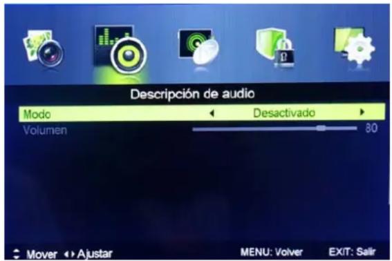 Descripción de audio Modo Desactivado Volumen 80 Mover Ajustar MENU: Volver EXIT: Salir