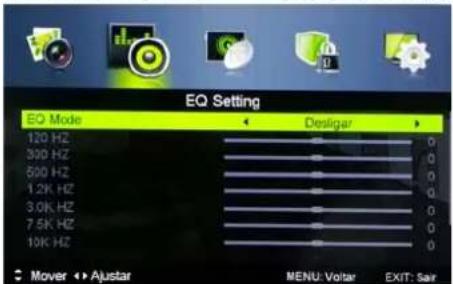 EQ Setting EQ Mode Desligar 120 Hz 0 300 Hz 0 500 Hz 0 1.2K Hz 0 3.0K Hz 0 7.5K Hz 0 10K Hz 0 Mover •• Ajustar MENU: Voltar EXIT: Sair