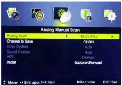Analog Manual Scan Analog Scan 44.25 MHz Channel to Save CH001 Color System Auto Sound System Auto AFC Designar Initiar backward/forward Mover Sint apur, 0-9 Input MENU: Voltae EXIT: Save