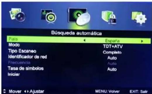 Búsqueda automática País España Modo TDT+ATV Tipo Escaneo Completo Identificador de red Auto Frecuencia Auto Tasa de símbolos Auto Iniciar Mover ↔ Ajustar MENU: Volver EXIT: Salir