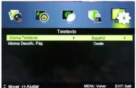 Teletexto Idioma Teletexto Español Idioma Decofic. Pág Oeste Mover > Ajustar MENU: Volver EXIT: Salir
