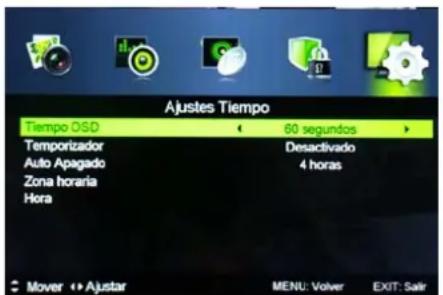 Ajustes Tiempo Tiempo OSD 60 segundos Temporizador Desactivado Auto Apagado 4 horas Zona horaria Hora Mover ↔ Ajustar MENU: Volver EXIT: Salir