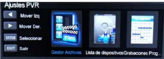 Ajustes PVR Mover Izq Mover Der. ENTER Seleccionar EXIT Saitr Gestor Archivos Lista de dispositivos Grabaciones Prog...