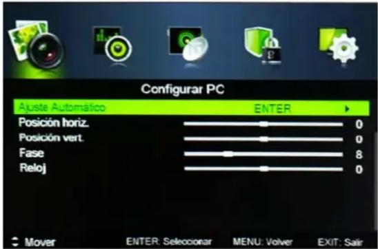 Configurar PC Ajuste Automático ENTER Posición horiz. 0 Posición vert. 0 Fase 8 Reloj 0 Mover ENTER: Seleccionar MENU: Volver EXIT: Salir