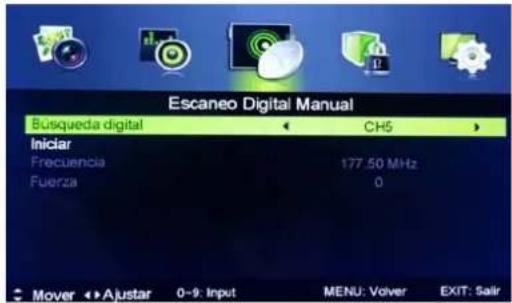 Escaneo Digital Manual Busqueda digital CH5 Iniciar Frecuencia 177.50 MHz Fuerza 0 Mover ▶ Ajustar 0-9: Input MENU: Volver EXIT: Salir