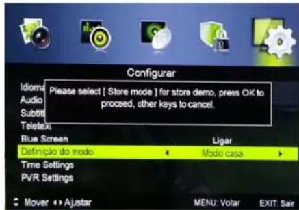 Configurar Idioms Audio Subtit Teletext Blue Screen Ligar Definção do modo Modo casa Time Settings PVR Settings Mover ↪ Ajastar MENU: Volat EXIT: Sar