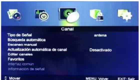 Canal Tipo de Señal antena Búsqueda automática Escaneo manual Actualización automática de canal Desactivado Editor canales Favoritos Interlaz común Información de señal Mover MENU: Volver EXIT: Salir