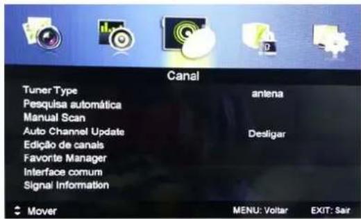 Canal Tuner Type antena Pesquisa automática Manual Scan Auto Channel Update Desligar Edição de canais Favorite Manager Interface comum Signal Information Mover MENU: Voltar EXIT: Sair