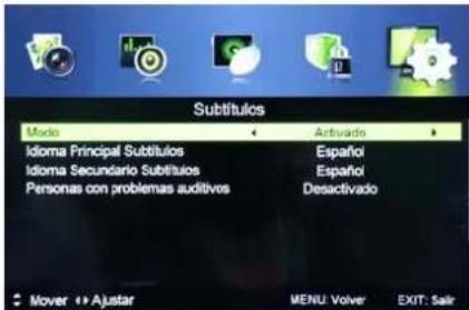 Subtitulos Modo Idioma Principal Subtitulos Idioma Secundario Subtitulos Personas con problemas auditivos Activado Español Español Desactivado Mover → Ajustar MENU: Volver EXIT: Salir