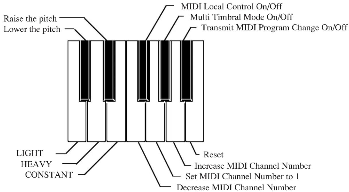 Raise the pitch Lower the pitch MIDI Local Control On/Off Multi Timbral Mode On/Off Transmit MIDI Program Change On/Off LIGHT HEAVY CONSTANT Reset Increase MIDI Channel Number Set MIDI Channel Number to 1 Decrease MIDI Channel Number
