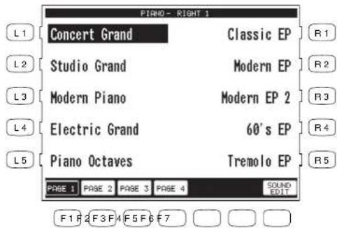 PIANO - RIGHT 1 L1 Concert Grand Classic EP R1 L2 Studio GrandModern EP R2 L3 Modern PianoModern EP 2 R3 L4 Electric Grand60's EP R4 L5 Piano OctavesTremolo EP R5 PAGE 1 PAGE 2 PAGE 3 PAGE 4 SOUND EUT F1 F2 F3 F4 F5 F6 F7