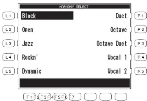 HARMONY SELECT Block Duet Open Octave Jazz Octave Duet Rockn' Vocal 1 Dynamic Vocal 2 F1 F2 F3 F4 F5 F6 F7
