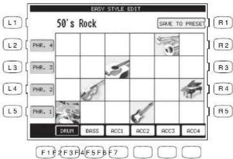 ERSV STYLE EDIT 50's Rock SAVE TO PRESET L1 L2 PHR. 4 L3 PHR. 3 L4 PHR. 2 L5 PHR. 1 DRUN BASS ACC1 ACC2 ACC3 ACC4 F1 F2 F3 F4 F5 F6 F7