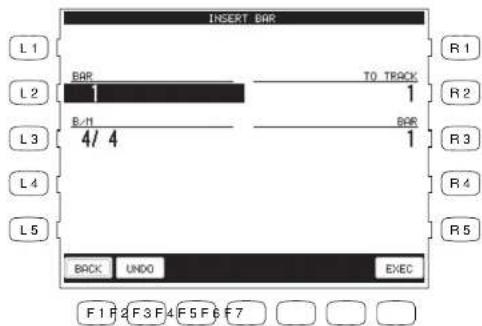 INSERT BAR L 1 BAR 1 R/1 4/ 4 TO TRACK 1 BAR 1 R 2 R 3 R 4 R 5 BACK UNDO EXEC F 1 F 2 F 3 F 4 F 5 F 6 F 7