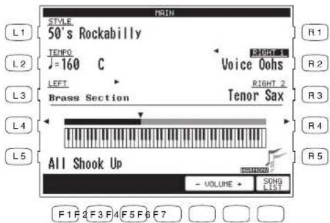 MAIN STYLE 50's Rockabilly L1 L2 L3 L4 L5 TIME J=160 C LEFT Brass Section RIGHT 1 Voice Oohs RIGHT 2 Tenor Sax R1 R2 R3 R4 R5 All Shook Up - VOLUME + SONG LIST F1 F2 F3 F4 F5 F6 F7