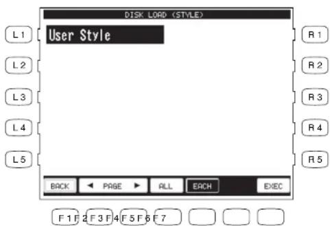 DISK LOAD (STYLE) User Style L1 R1 L2 R2 L3 R3 L4 R4 L5 R5 BACK PAGE ALL EACH EXEC F 1 F 2 F 3 F 4 F 5 F 6 F 7