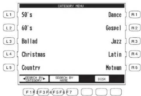CATEGORY MENU L1 50's Dance R1 L2 60's Gospel R2 L3 Ballad Jazz R3 L4 Christmas Latin R4 L5 Country Motown R5 SEARCH BY SEARCH BY DISK CATEGORY NONE