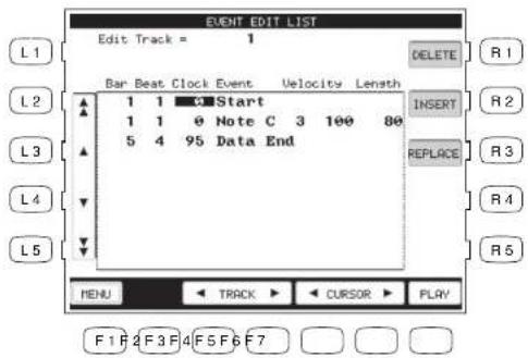 EVENT EDIT LIST Edit Track = 1 Bar Beat Clock Event Velocity Length 1 1 Start 1 1 Note C 3 100 80 5 4 95 Data End MENU TRACK CURSOR PLAY F1 F2 F3 F4 F5 F6 F7 DELETE R1 INSERT R2 REPLACE R3 R4 R5