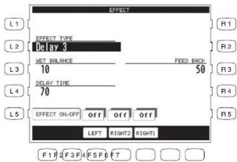 EFFECT L1 EFFECT TYPE L2 Delay 3 MET BALANCE FEED BACK L3 10 50 L4 DELAY TIME 70 L5 EFFECT ON/OFF off off Off LEFT RIGHT2 RIGHT1 F1 F2 F3 F4 F5 F6 F7