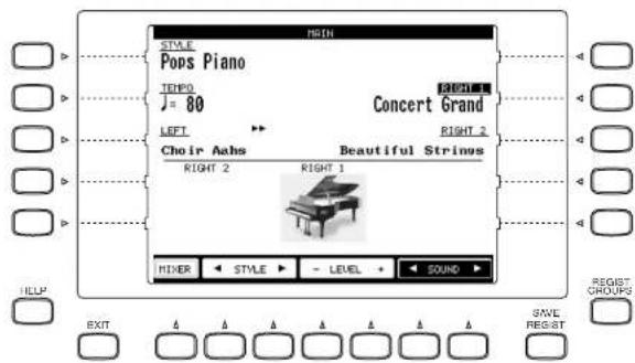TITLE STYLE Pops Piano TEMP0 J = 80 SHEET 1 Concert Grand LEFT RIGHT 2 Choir Aahs Beautiful Strings RIGHT 2 RIGHT 1 MIXER STYLE LEVEL SOUND HELP EXIT SAVE REGIST GROUPS