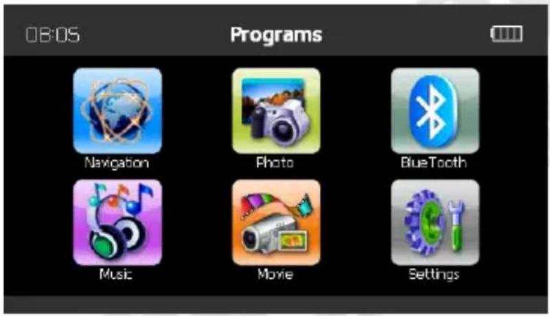 08:05 Programs Navigation Photo BlueTooth Music Movie Settings