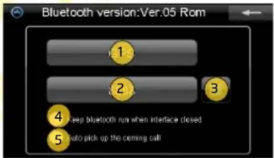 Bluetooth version:Ver.05 Rom 1 2 3 4 Keep bluetooth run when interface closed 5 Auto pick up the coming call