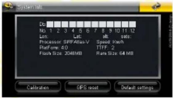 System info Dc: No. 1 2 3 4 5 6 7 8 9 10 11 12 Lon: Lat: alt: sats: Processor: SFFAtlas-V Speed: Kin'h Platform: 6.0 TTF: 2 Flash Size: 2048MB Ram Size: 64 MB Calibration GPS reset Default settings