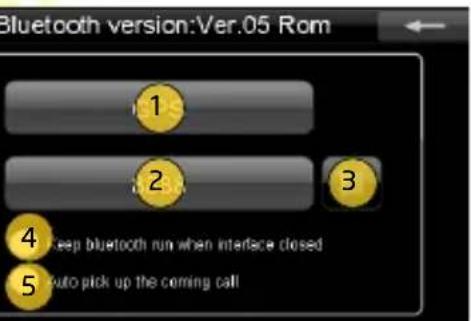 Bluetooth version:Ver.05 Rom 1 2 3 4 Keep bluetooth run when interface closed 5 Auto pick up the coming call